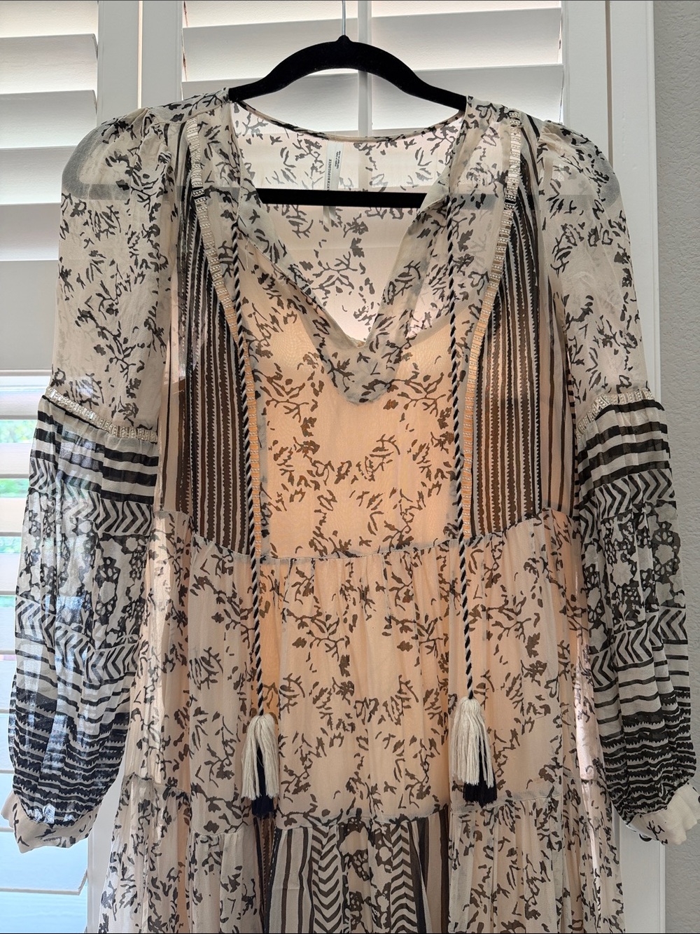 Anthropologie Cream & Black Floral Maxi Dress with Tassels XS - Picture 2 of 9